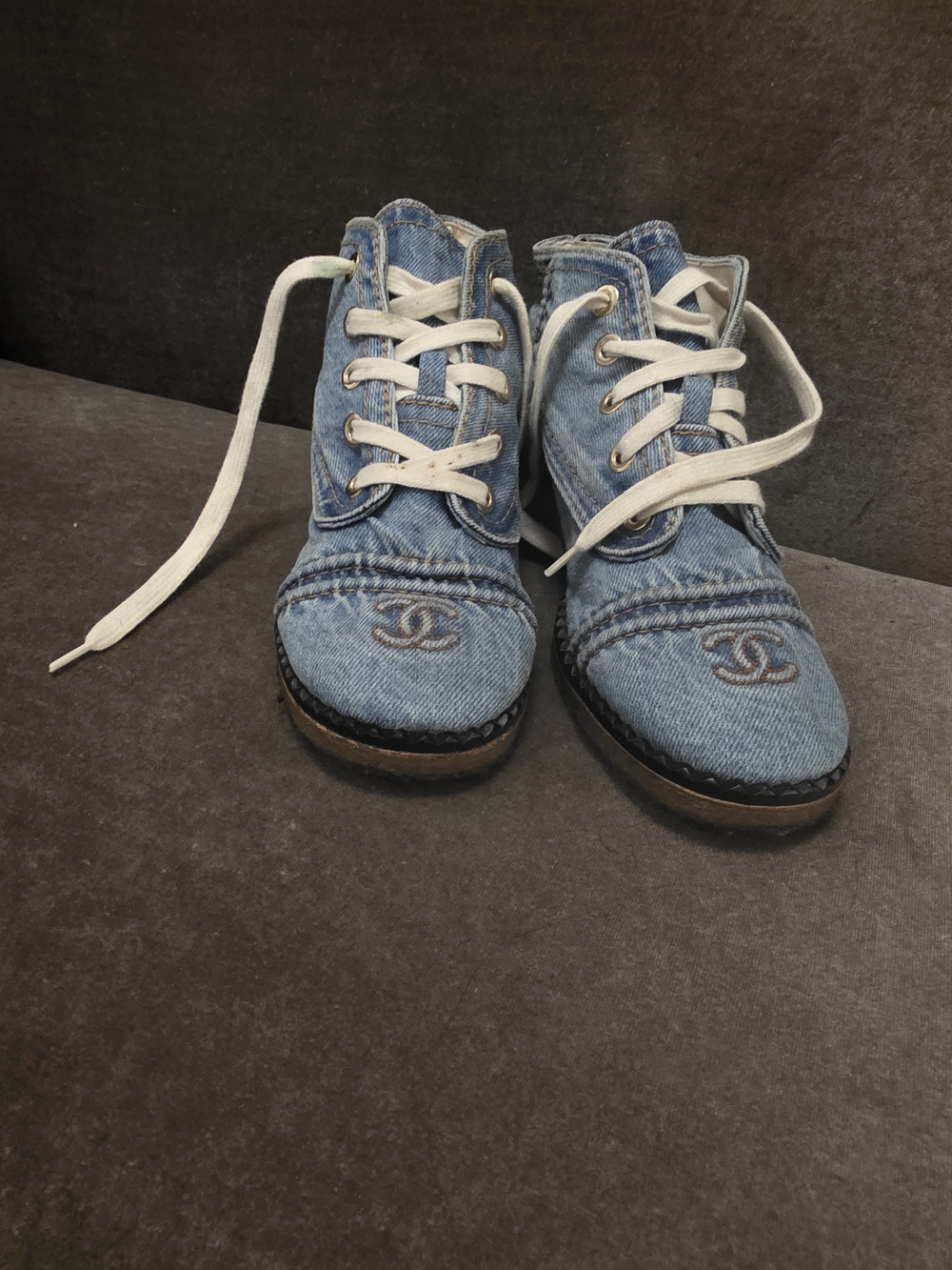 CHANEL 2020 Light Blue Denim Lace-Up Sneakers with White Laces